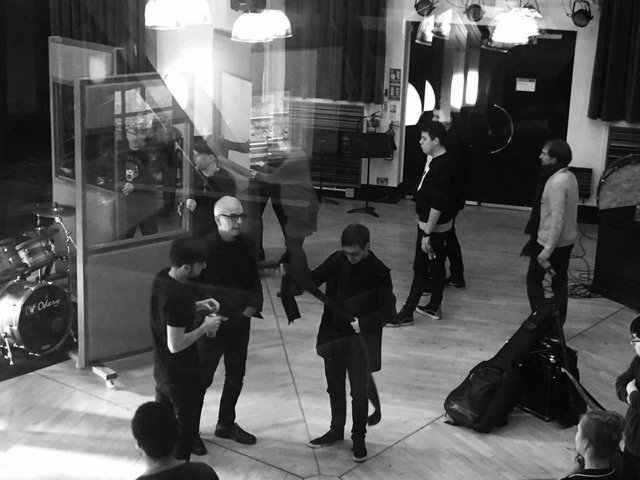 Musicians and engineers at work in the Visconti Studio live room.